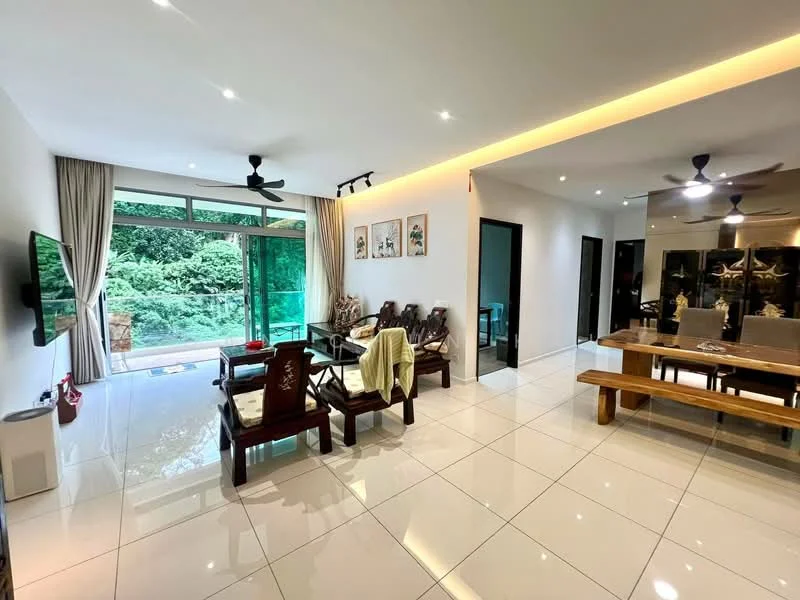 Living features: white painted walls, glossy white tile flooring, 5-blade ceiling fan with light, wall-mounted TV, glass sliding door, floor-to-ceiling windows, curtains, wooden coffee table, wooden chairs, dining table with benches, decorative wall art, indoor plants, recessed downlights; style: modern; view: garden.