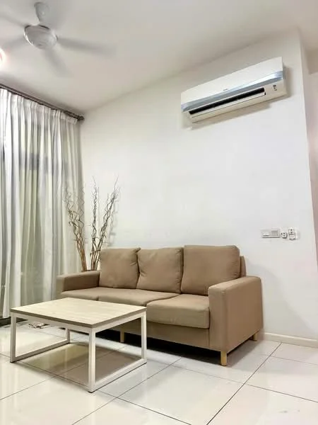 Living features: 3-seater fabric sofa in beige, coffee table with white top and metal legs, floor-to-ceiling windows with sheer curtains, white painted walls, polished tile flooring, 1 wall-mounted split AC, ceiling fan, decorative branches in a vase; style: modern.