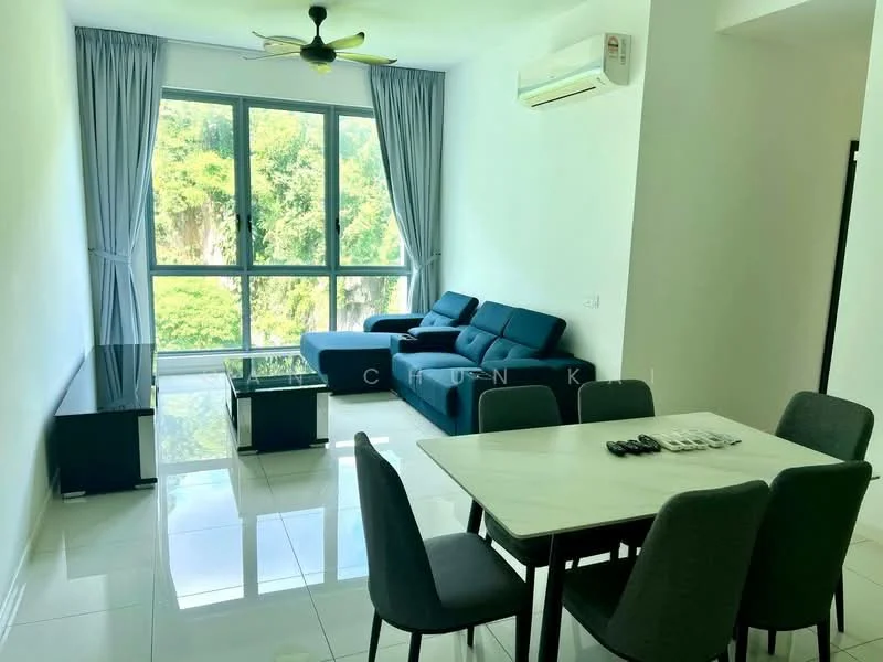 Living features: 3-seater fabric sofa in blue, glass coffee table, dining table with marble top, 4 upholstered dining chairs, floor-to-ceiling windows, curtains, wall-mounted split AC, white painted walls, polished tile flooring, ceiling fan; style: modern; view: garden.