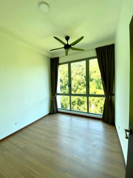 Bedroom features: light green painted walls, laminate wood flooring, 5-blade ceiling fan in black, floor-to-ceiling windows, curtains in dark brown, view of greenery; style: modern; view: garden.
