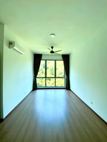 Room features: wooden flooring, white painted walls, 5-blade ceiling fan, floor-to-ceiling windows, dark curtains, wall-mounted split AC, natural light, view of greenery; style: modern; view: garden.