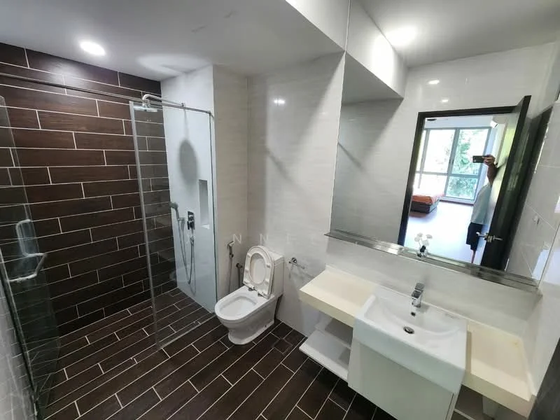 Bathroom features: walk-in shower with glass enclosure, rain shower head, handheld shower, single-sink vanity with white cabinet, chrome basin mixer, framed mirror, one-piece toilet, tile cladding on walls, dark wood tile flooring, white painted walls, recessed downlights; style: modern. Room features: floor-to-ceiling windows, view of living area.