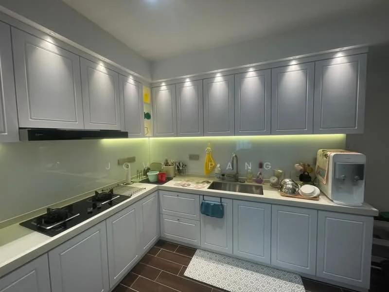 Kitchen features: light grey cabinetry, white countertop, glass backsplash, stainless-steel gas hob, built-in oven, stainless-steel sink, chrome pull-down faucet, recessed LED downlights, under-cabinet lighting, kitchen utensils on countertop, dish rack, decorative items, floor tiles in dark wood finish; style: modern.