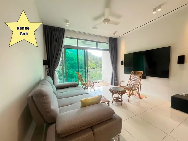 Living features: L-shape sectional sofa in grey, coffee table, wall-mounted TV, floor-to-ceiling windows, curtains, ceiling fan, recessed downlights, decorative plants, wooden armchairs, tile flooring; style: modern; view: garden.