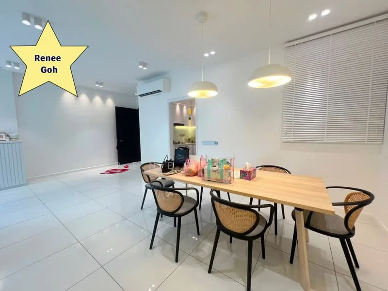 Dining features: light wood dining table, 4 black rattan dining chairs, white painted walls, white tiled flooring, recessed downlights, air conditioning unit, large window with blinds, decorative items on the table; style: modern.