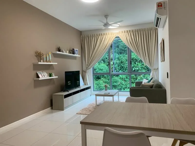 Living features: light grey fabric sofa, white coffee table, TV console with storage, wall-mounted TV, 5-blade ceiling fan, recessed downlights, floor-to-ceiling windows, sheer curtains, cream area rug, white tiled flooring, decorative wall shelf, framed artwork, greenery view from window; style: modern; view: garden.