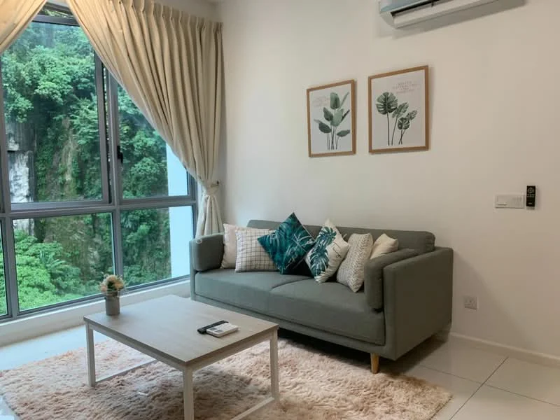 Living features: 3-seater fabric sofa in grey, decorative cushions in various patterns, coffee table, area rug, floor-to-ceiling windows, sheer curtains, wall-mounted air conditioning unit, framed botanical artwork, white painted walls, tile flooring; style: modern; view: garden.