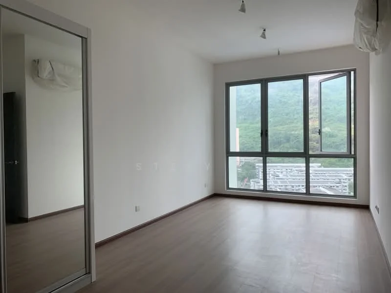 Room features: large floor-to-ceiling windows, wooden flooring, white painted walls, mirror wardrobe, recessed downlights, mountain view, open window, no visible furniture; style: modern; view: mountain.