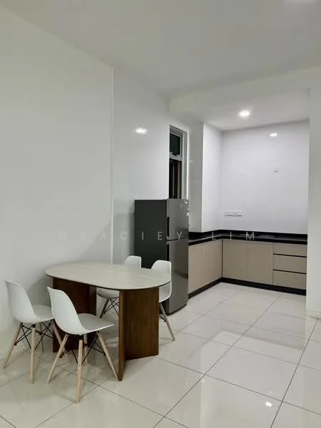 Kitchen features: white painted walls, glossy white tile flooring, black countertop, light brown cabinetry, stainless-steel fridge, round dining table with white top and wooden legs, 3 white dining chairs with wooden legs, recessed LED downlights, window with natural light; style: modern.