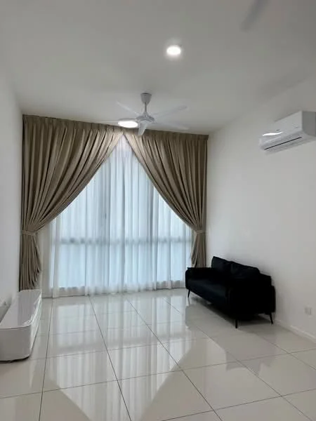Living features: white painted walls, glossy tile flooring, 5-blade ceiling fan with light, floor-to-ceiling windows, sheer curtains, black fabric sofa, wall-mounted air conditioning unit; style: modern.