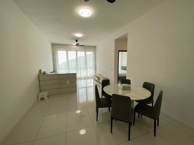 Dining features: round dining table, 4 upholstered dining chairs, white marble tabletop, grey tiled flooring, ceiling fan, large windows with sheer curtains, sideboard cabinet, decorative plant, neutral painted walls, natural light; style: modern.
