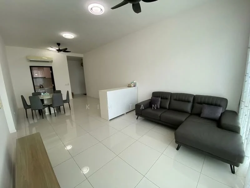 Living features: grey leather sectional sofa, coffee table, wall-mounted TV, recessed downlights, 2-blade ceiling fan, white painted walls, glossy white tile flooring, open layout to dining area; style: modern. Dining features: 4-seater dining table, upholstered dining chairs, white cabinetry in background, open layout to living area; style: modern.