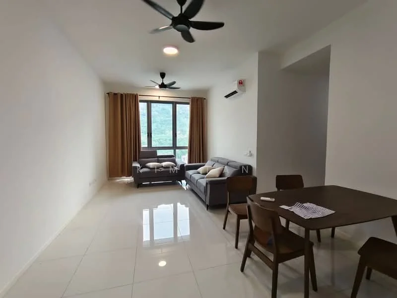 Living features: white painted walls, glossy white tile flooring, 5-blade ceiling fan, sofa in grey fabric, coffee table, floor-to-ceiling windows, curtains in brown, air conditioning unit, decorative cushions; style: modern; view: garden. Dining features: wood dining table, 4 wooden dining chairs, table setting with plates and napkins; style: modern.
