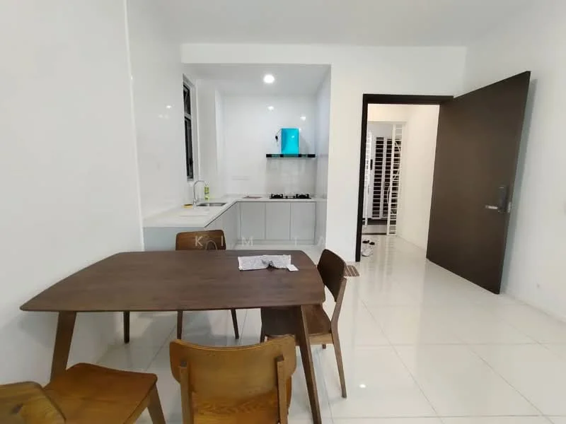 Dining features: wooden dining table, 4 wooden dining chairs, white painted walls, glossy white tile flooring, recessed downlights, window with natural light, open layout to kitchen, doorway leading to hallway; style: modern. Kitchen features: white cabinetry, black countertop, built-in gas hob, stainless-steel sink, blue backsplash, wall-mounted kitchen hood, recessed downlights; style: modern.