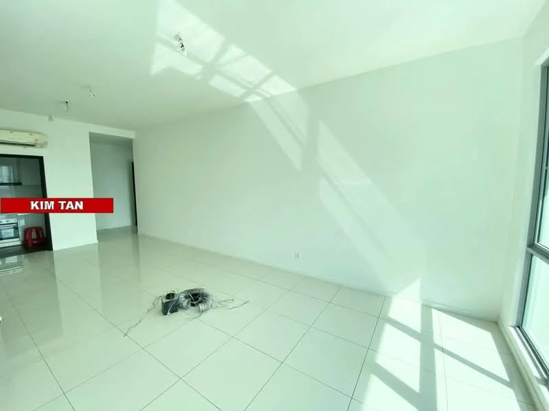 Living features: white painted walls, glossy white tile flooring, large windows with natural light, recessed downlights, air conditioning unit, open layout, no visible furniture, cable wiring on the floor; style: modern. Kitchen features: open kitchen layout, stainless-steel appliances visible, kitchen cabinetry, countertop space; style: modern.
