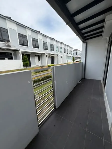 Room features: grey tiled flooring, metal railing, overhead beams, open balcony, view of neighboring buildings, concrete wall, sliding glass door; style: modern; view: garden.