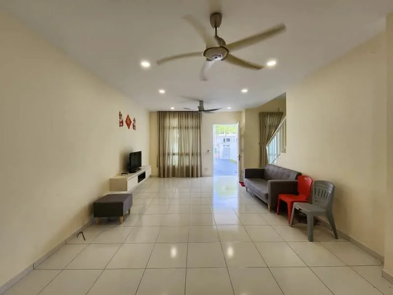 Living features: white painted walls, glossy ceramic tile flooring, 5-blade ceiling fan with light, recessed LED downlights, wall-mounted TV, TV console, sofa in grey, single red plastic chair, grey ottoman, curtains, sliding glass door, natural light from windows; style: modern.