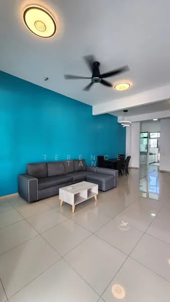 Living features: grey fabric sofa, white coffee table, 5-blade ceiling fan with light, recessed LED downlights, glossy tile flooring, turquoise accent wall, open layout, dining area visible in background; style: modern.