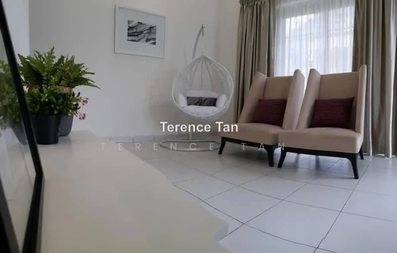 Living features: hanging rattan chair, two beige accent chairs, white walls, large windows with sheer curtains, tile flooring, decorative plant in ceramic pot, framed artwork on wall, throw pillows in dark red; style: modern.