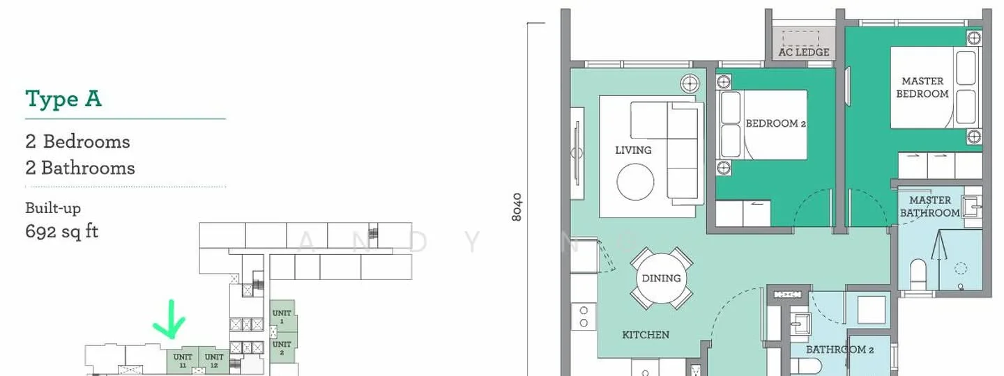 Floor plan: 2-bedroom 2-bathroom unit; features: open-plan kitchen-dining-living, master bedroom with ensuite bathroom, bedroom 2 with shared bathroom, utility room, balcony off living room, central foyer.