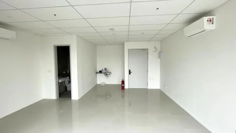 Room features: white painted walls, polished ceramic tile flooring, dropped ceiling, 1 wall-mounted split AC, fire extinguisher, door with security lock, light switch, outlet, empty space; style: modern.