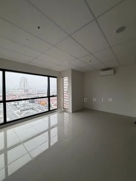 Room features: large floor-to-ceiling windows, white painted walls, white ceiling tiles, recessed downlights, light-colored tiled flooring, 1 wall-mounted split AC, open layout, city skyline view; style: modern; view: city.