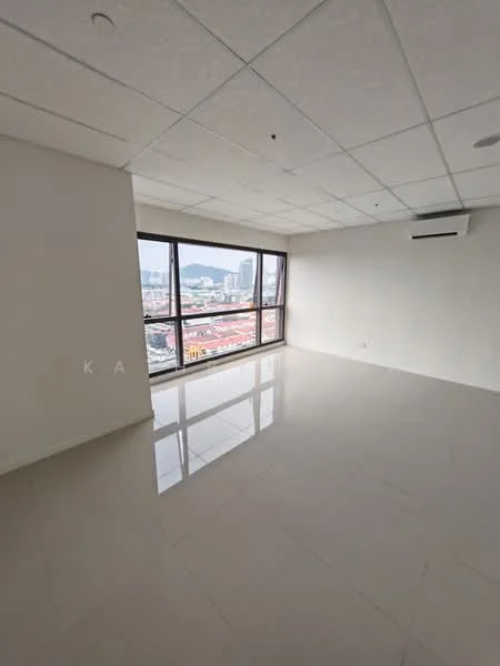 Room features: white painted walls, glossy tile flooring, floor-to-ceiling windows, city view, air conditioning unit, drop ceiling with lights; style: modern; view: city.