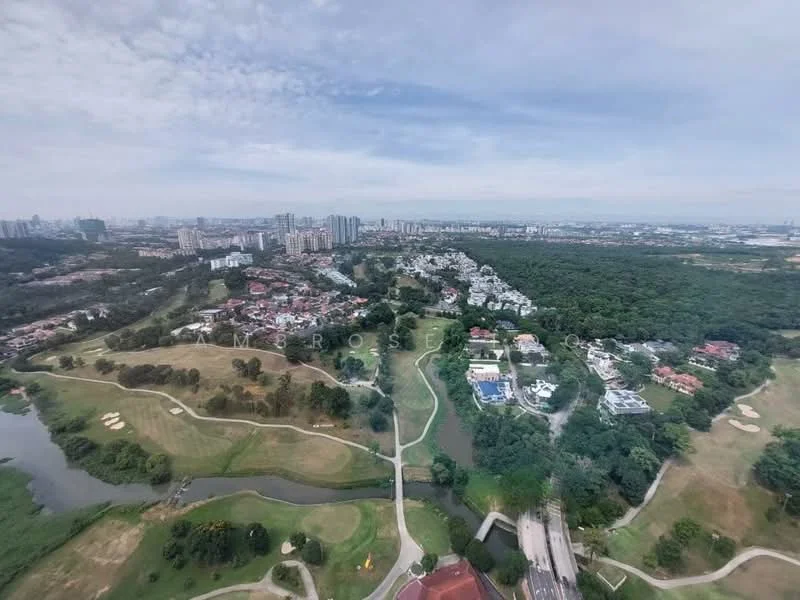 Exterior type: high-rise condominium; features: city skyline view, lush greenery, golf course, water bodies, residential area, well-maintained landscaping; style: modern.