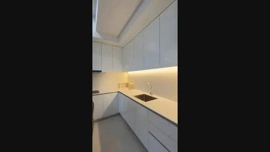 Kitchen features: white glossy cabinetry, quartz countertop, single-bowl stainless-steel sink, chrome pull-down faucet, under-cabinet LED lighting, integrated appliances, smooth grey flooring, recessed ceiling lights; style: modern.