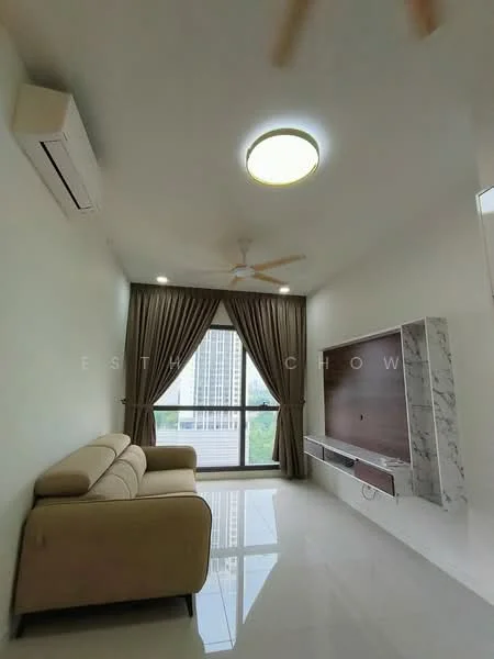Living features: cream leather 2-seater sofa, wall-mounted TV console with marble accents, floor-to-ceiling window, sheer curtains, recessed ceiling light, 5-blade ceiling fan, white painted walls, glossy tile flooring, air conditioning unit; style: modern; view: garden.
