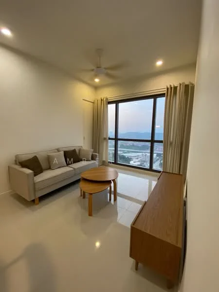 Living features: 3-seater fabric sofa in light grey, wooden coffee table, TV console in wood, floor-to-ceiling windows, sheer curtains, recessed downlights, ceiling fan, white painted walls, glossy tile flooring; style: modern; view: city.