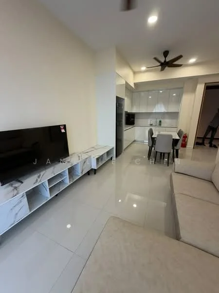Living features: light grey sectional sofa, marble coffee table, TV console with storage, wall-mounted flat-screen TV, recessed downlights, 5-blade ceiling fan, glossy white tile flooring, neutral painted walls, open layout to kitchen, large windows for natural light; style: modern. Kitchen features: white cabinetry, stainless-steel fridge, built-in oven, 4-burner gas hob, white quartz countertop, double-bowl stainless-steel sink, chrome pull-down faucet, backlit cabinetry, open shelving, dining area with chairs; style: modern.