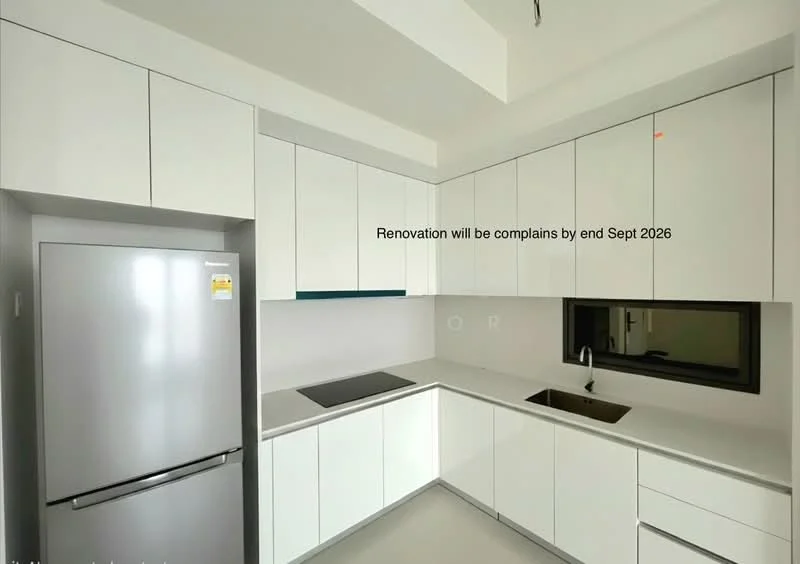 Kitchen features: white flat-panel cabinets, grey countertop, stainless-steel fridge, single-bowl stainless-steel sink, chrome pull-down faucet, built-in oven, ceramic tile flooring, recessed downlights, black window, open shelving; style: modern.