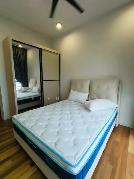 Bedroom features: king-size bed with upholstered headboard, mattress on bed frame, two white pillows, built-in wardrobe with sliding doors, wooden flooring, grey curtains, ceiling fan, wall-mounted light fixture, mirror on wardrobe; style: modern.