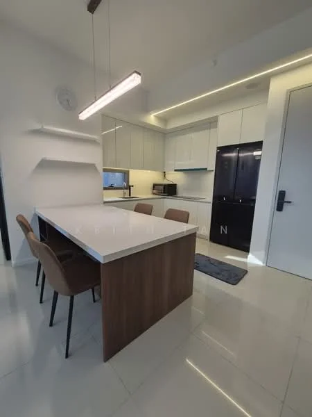 Kitchen features: white cabinetry with flat-panel design, black refrigerator, built-in microwave, stainless-steel sink, chrome pull-down faucet, white quartz countertop, pendant light fixture, 4-seater dining table with brown upholstered chairs, tile flooring, recessed LED downlights, wall-mounted shelving; style: modern.