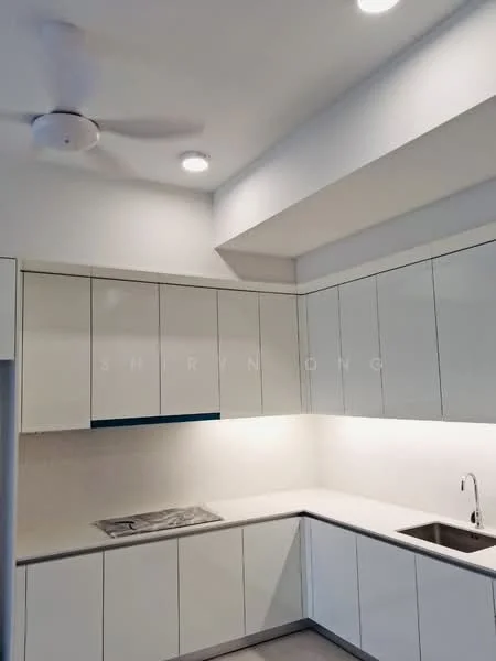 Kitchen features: white shaker cabinets, marble countertop, stainless-steel sink, chrome pull-down faucet, built-in stove, recessed LED downlights, 5-blade ceiling fan, light grey wall tiles, grey floor tiles; style: modern.