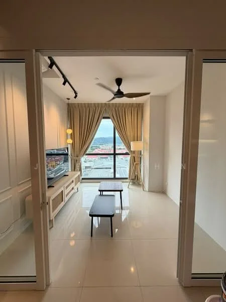 Living features: floor-to-ceiling windows, white painted walls, cream curtains, 3-blade ceiling fan, TV console, wall-mounted TV, 2 coffee tables, polished tile flooring, city view; style: modern; view: city.