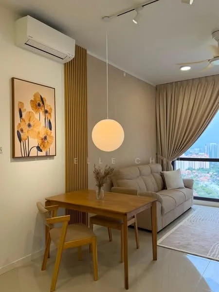 Living features: light beige walls, wood paneling, floor-to-ceiling windows, curtains, 3-seater fabric sofa in light grey, round pendant light, wooden dining table, single dining chair, decorative artwork with floral pattern, area rug, air conditioning unit, ceiling fan; style: modern; view: city.