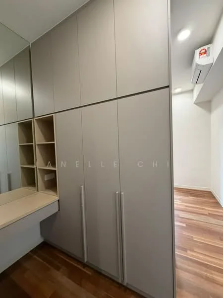 Room features: built-in cabinetry with grey finish, open shelving unit, wooden flooring, wall-mounted air conditioning unit, mirror on wall, recessed lighting; style: modern.