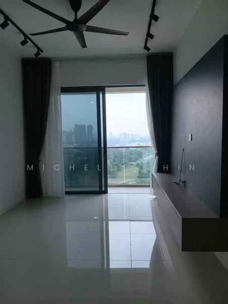 Living features: large floor-to-ceiling windows, sliding glass door, white walls, polished tile flooring, 5-blade ceiling fan, recessed LED downlights, curtains, wall-mounted TV console, view of city skyline; style: modern; view: city.