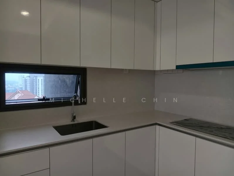 Kitchen features: white flat-panel cabinets, grey countertop, single-bowl stainless-steel sink, chrome pull-down faucet, built-in stove with hood, wall-mounted window, city view from window, light-colored backsplash; style: modern; view: city.