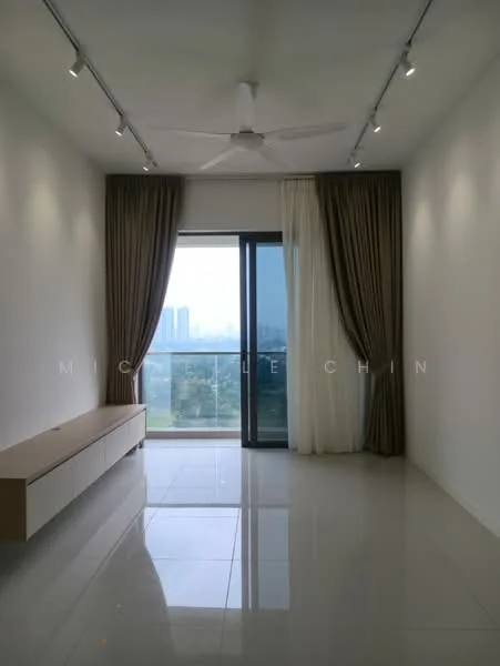 Room features: white painted walls, glossy tile flooring, 5-blade ceiling fan, floor-to-ceiling windows, sheer curtains, heavy drapes, built-in TV console, city skyline view; style: modern; view: city.