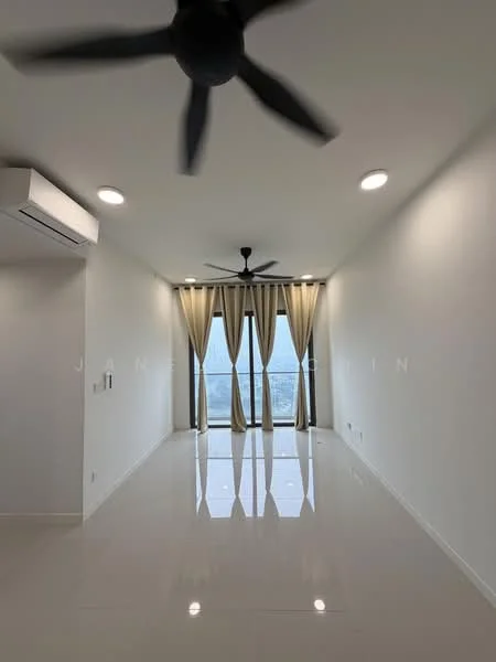 Living features: white painted walls, polished tile flooring, 2 ceiling fans, floor-to-ceiling windows, sheer curtains, recessed LED downlights; style: modern; view: city.