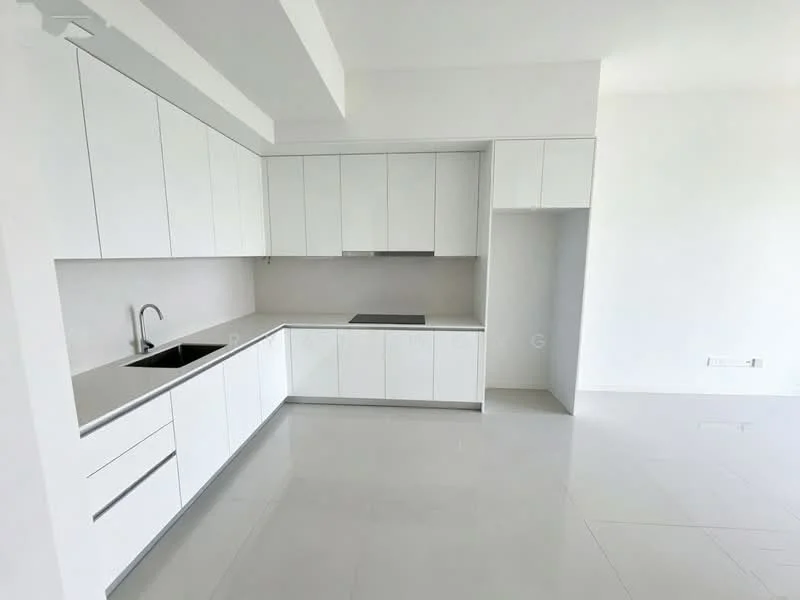 Kitchen features: white flat-panel cabinets, black single-bowl sink, chrome pull-down faucet, white quartz countertop, built-in cooktop, white tiled backsplash, open shelving, recessed downlights, tile flooring, neutral wall color, corner pantry, spacious layout; style: modern.