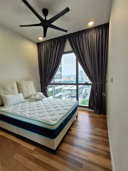 Bedroom features: queen-size bed, upholstered headboard, 5-blade ceiling fan with light, floor-to-ceiling windows, blackout curtains, wooden flooring, city view; style: modern; view: city.