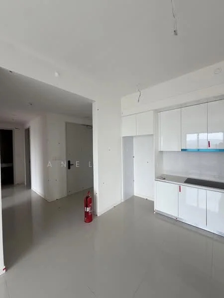 Kitchen features: white cabinetry with red accents, stainless-steel sink, countertop with backsplash, built-in kitchen appliances, grey tile flooring, recessed lighting, fire extinguisher, open layout, wall-mounted cabinets; style: modern. Room features: white painted walls, grey tile flooring, open layout, doorway to another room.