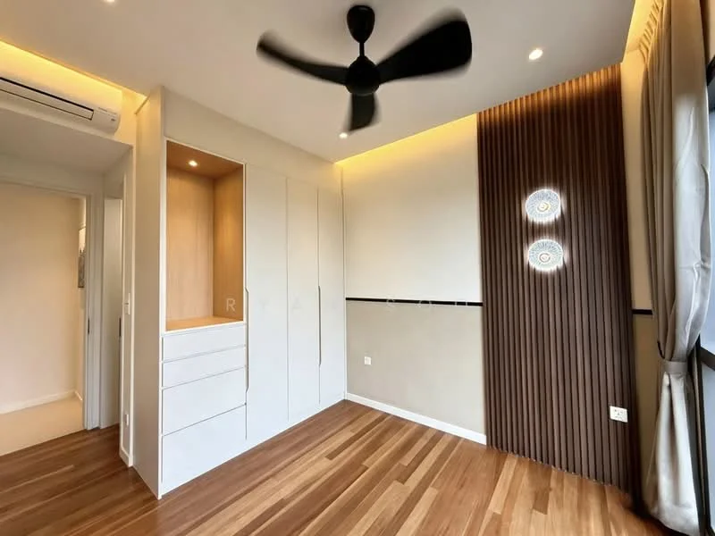 Bedroom features: wooden flooring, white painted walls, accent wall with wood paneling, 5-blade ceiling fan, built-in wardrobe with sliding doors, recessed lighting, two decorative wall lights, large window with curtains; style: modern.