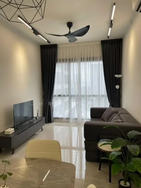 Living features: grey fabric sofa, black TV console, wall-mounted TV, marble flooring, 5-blade ceiling fan with light, floor-to-ceiling windows, sheer curtains, dark curtains, decorative wall sconce, indoor plant in ceramic pot, dining table with marble top; style: modern; view: city.