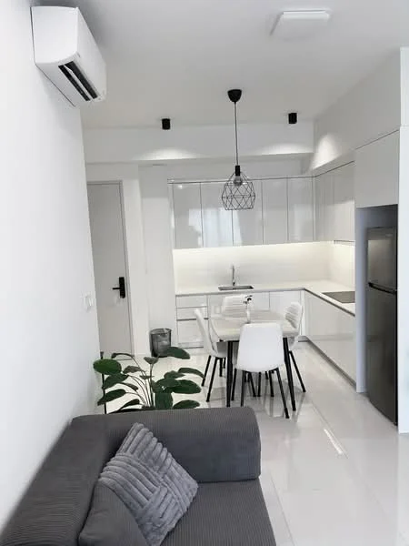 Kitchen features: white cabinetry, marble countertop, stainless-steel sink, chrome pull-down faucet, built-in oven, stainless-steel fridge, recessed downlights, wall-mounted split AC, dining table with white chairs, grey fabric sofa, white tiled flooring, pendant light fixture; style: modern.