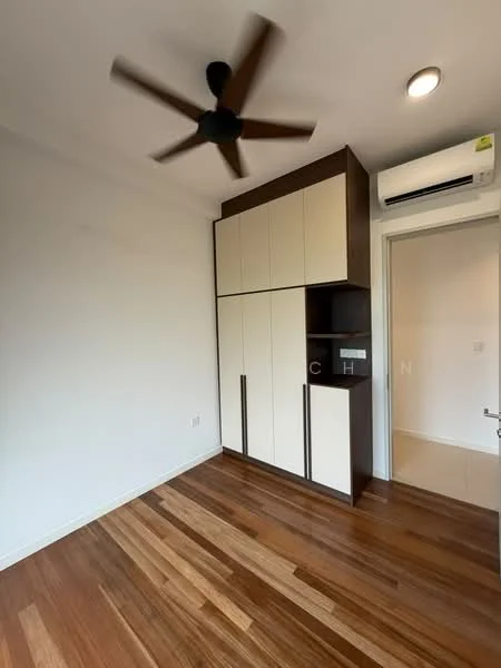 Bedroom features: wooden flooring, 5-blade ceiling fan, built-in wardrobe with cream and brown cabinetry, wall-mounted air conditioning unit, white painted walls, door leading to another room; style: modern.